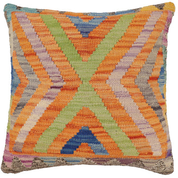 handmade Traditional Pillow Orange Blue Hand-Woven SQUARE 100% WOOL  Hand woven turkish pillow  2 x 2